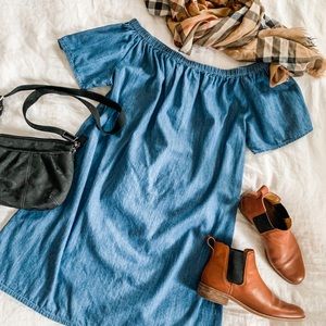 Chambray Off Shoulder Short Sleeve Dress